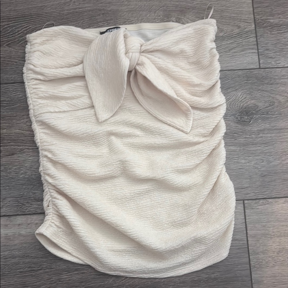 Express Cream Bubble Mini Skirt with Ruched Tie Front